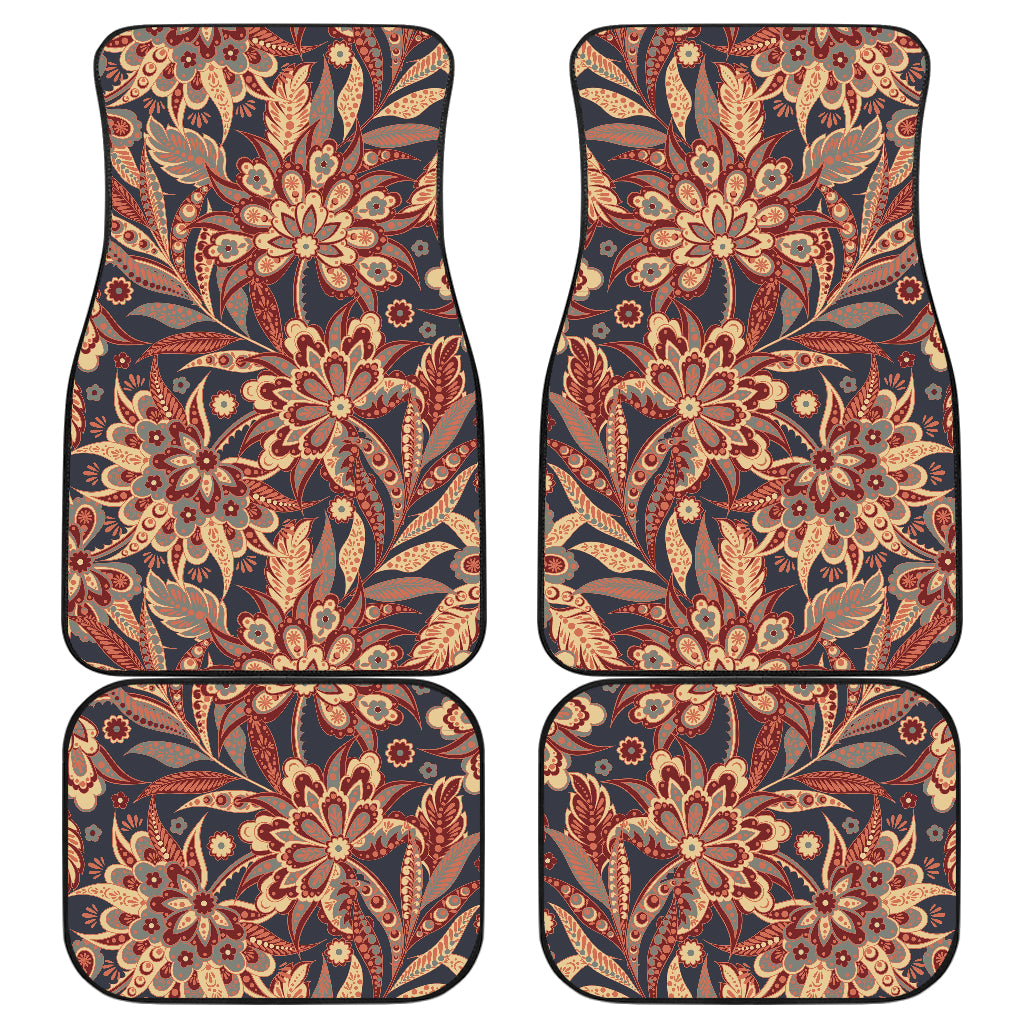 Brown Floral Bohemian Pattern Print Front And Back Car Floor Mats, Front Car Mat