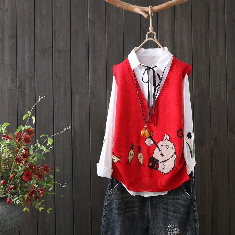 Spring and autumn fashion new western style casual sweater vest knitted women loose sleeveless V-neck all-match blouse alx