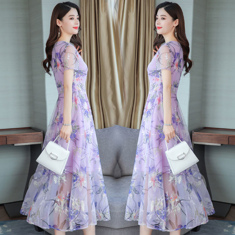 Summer Chiffon Print Dresses V-Neck Long Dress Women Fashion Floral Short Sleeve Slim A-Line Dress Elegant Plus-Size Beach Dress alx