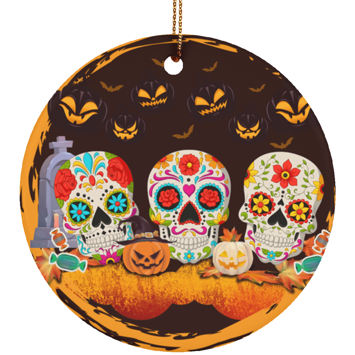 Halloween Pumpkin Sugar Skull Decorative Halloween Ornament – Holiday Flat Porcelain Ceramic Ornament