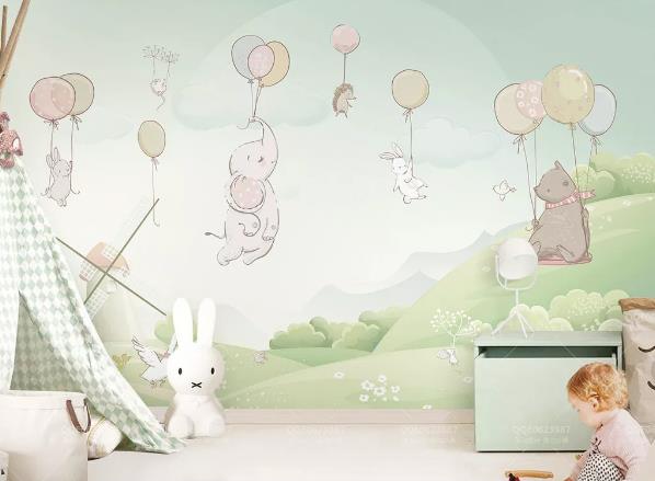 3D Elephant Rabbit Bear Balloon Wall Mural Wallpaper 681