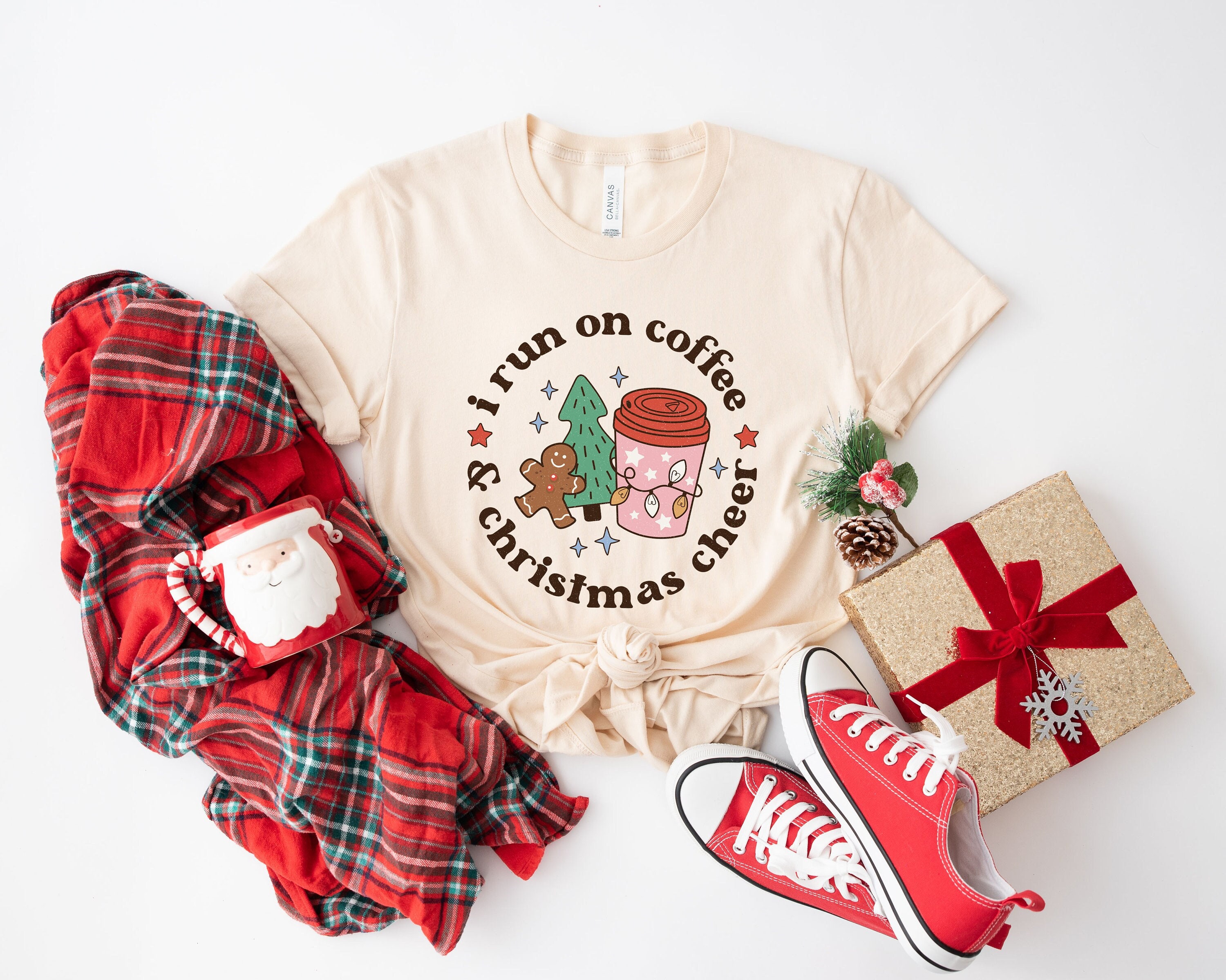 I run on coffee Shirt cheer tee, Retro Christmas Cheer t-shirt, cute christmas tee, funny holiday apparel, Holiday apparel Tee