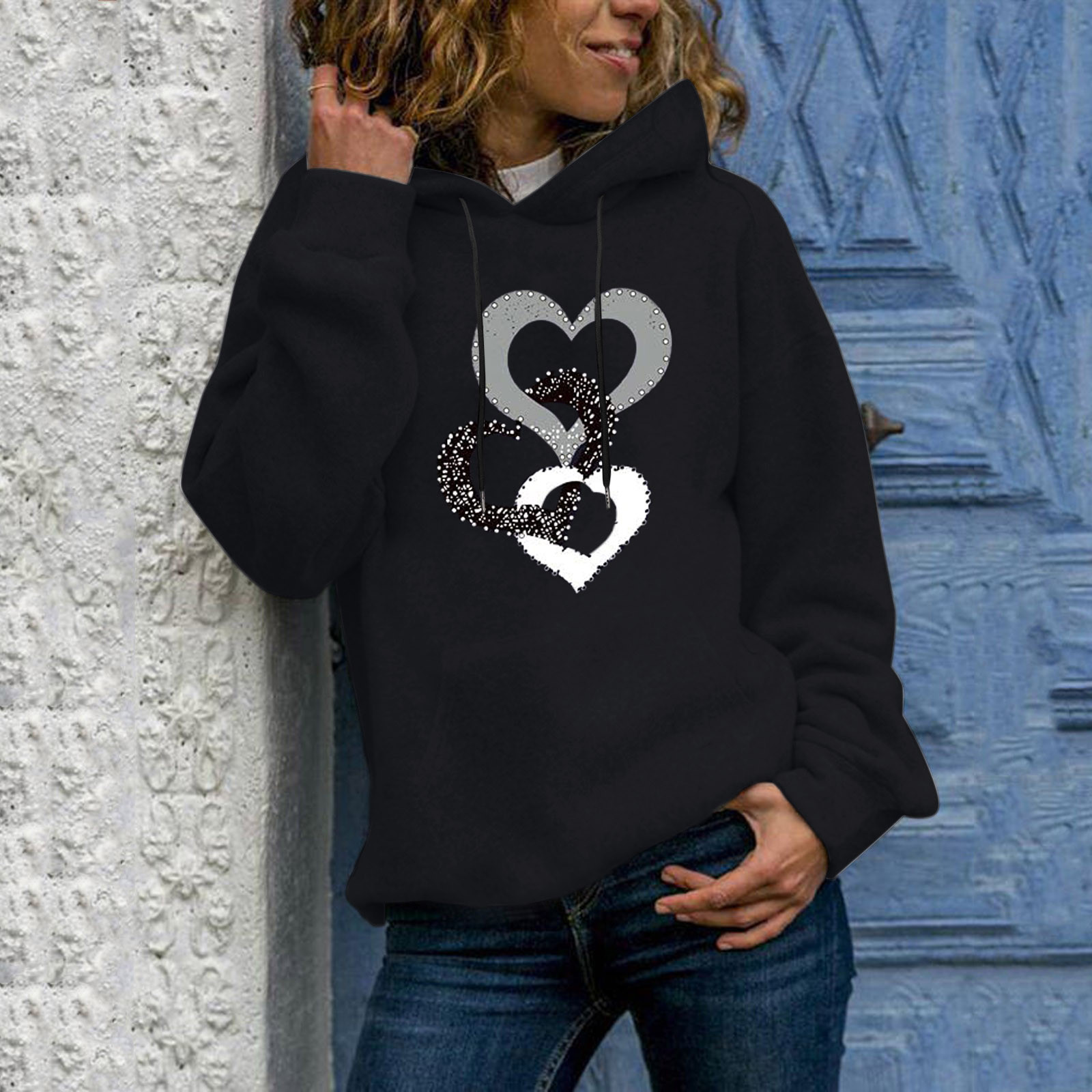 Winter Pullover Hoodies Women Sweatshirts Harajuku Heart Print Hooded Aesthetic Warm Hoodie Ladies Pocket Hoody Streetwear alx