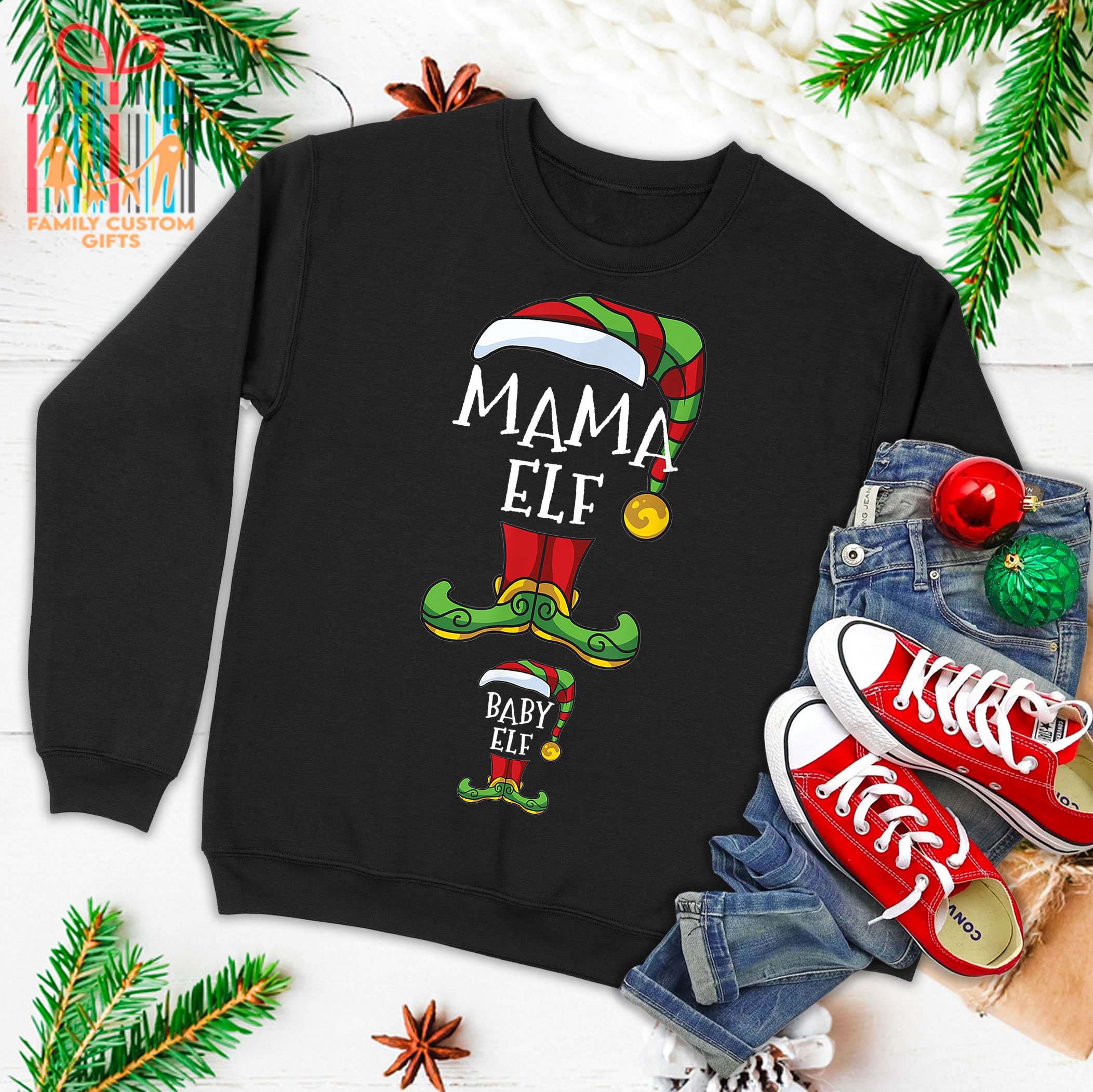 Mama And Baby Elf Pregnancy Matching Family Christmas Pajama Ugly Christmas Sweater 2023 T-Shirt