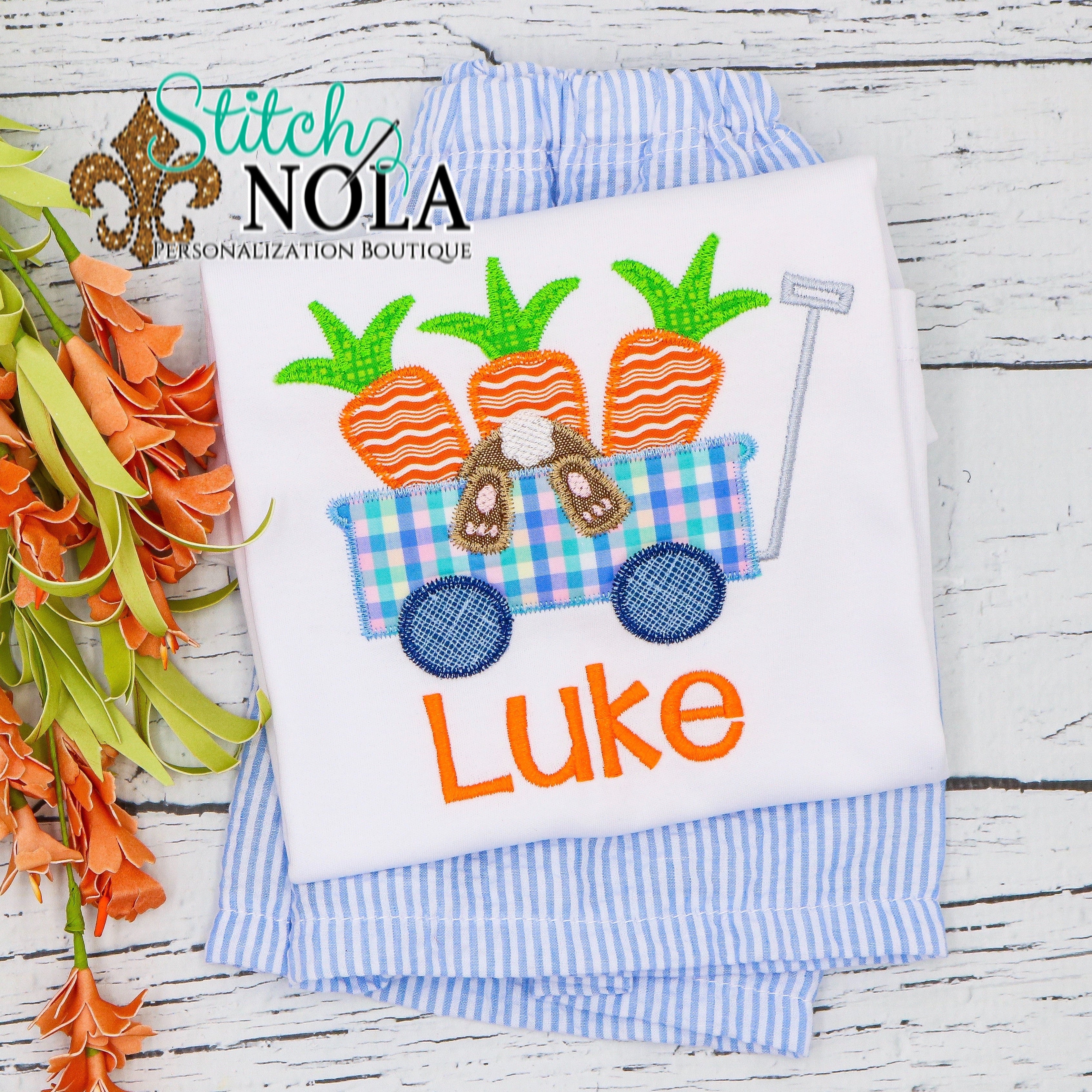 Personalized Wagon With Easter Bunny & Carrots Appliqué Shirt