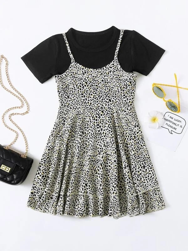 Toddler Girls Round Neck Tee & Leopard Dress