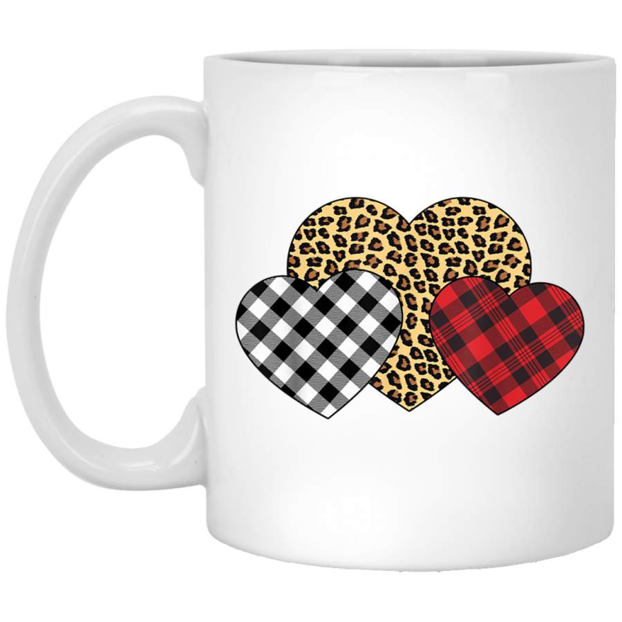 Three Hearts Leopard Buffalo Plaid Valentines day Girl Kid White Mug