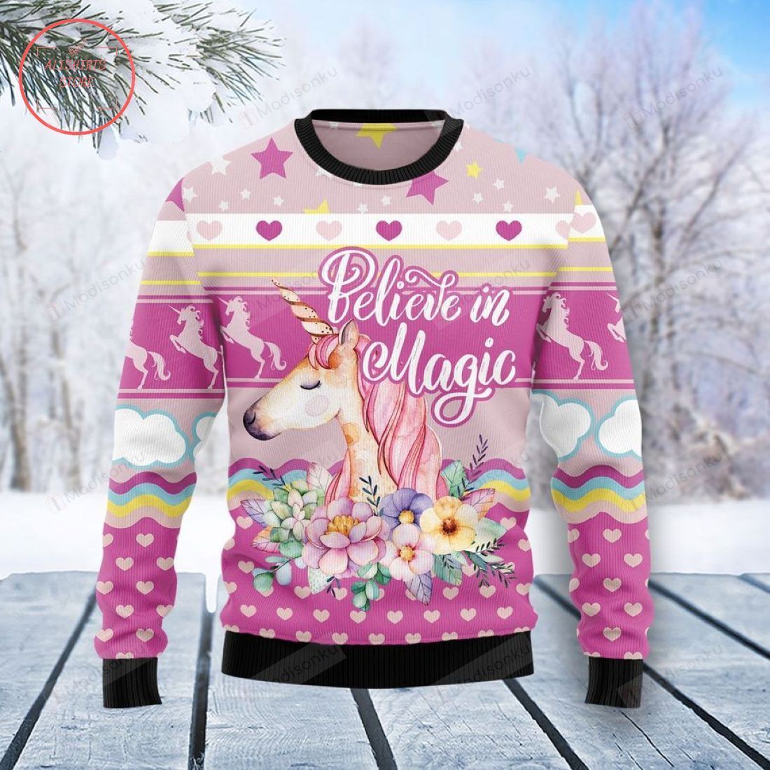 Unicorn Believe In Magic Ugly Christmas Sweater, All Over Print Sweatshirt