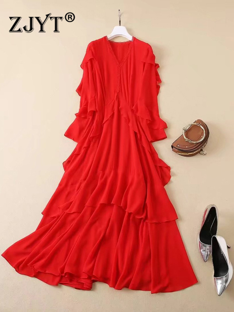 ZJYT Runway Autumn Ruffles Long Dress Party Evening Elegant Luxury Full Sleeve V Neck Irregular Holiday Beach Vestidos Red XXL alx