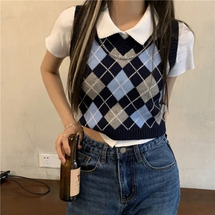 Sweater Vests Women Argyle Crops Knitted Feminine Simple V-neck Streetwear Spring Student Preppy Style Chic Leisure Retro Soft alx