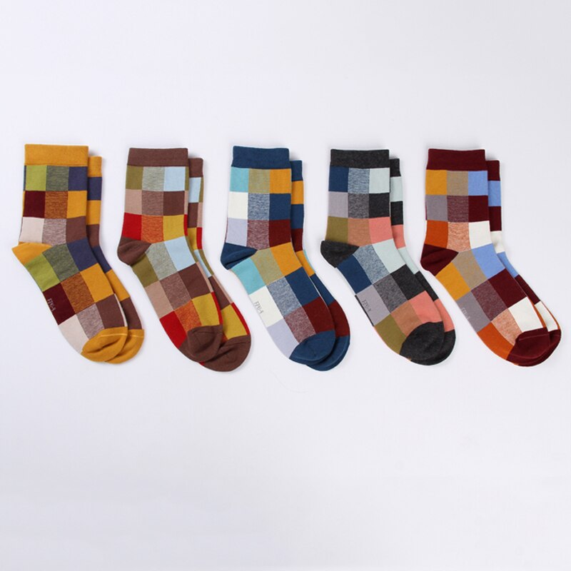 5Pair-pack New Men’s Socks Colorful Grid Sock Casual Business High Quality Happy Combed Cotton Socks Fashion Gentleman Socks Men alx