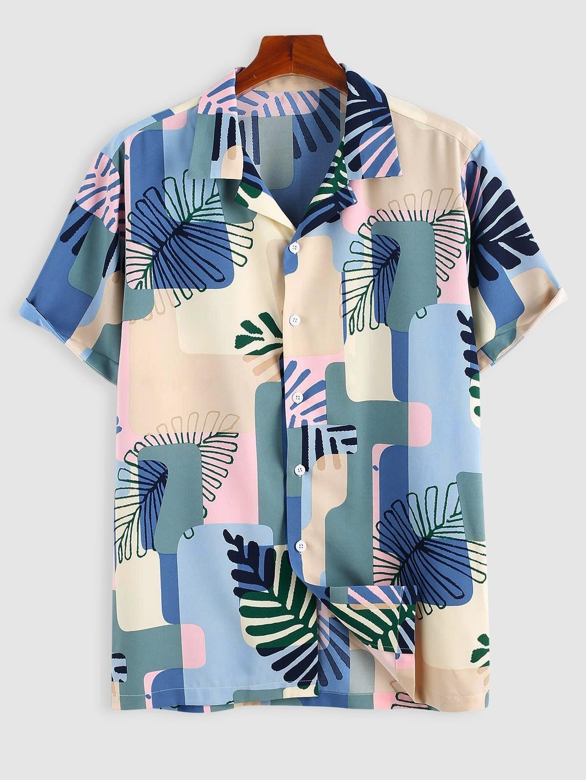 Men’S Hawaii Geometric Leaf Contrast Print Casual Short Sleeve Shirt