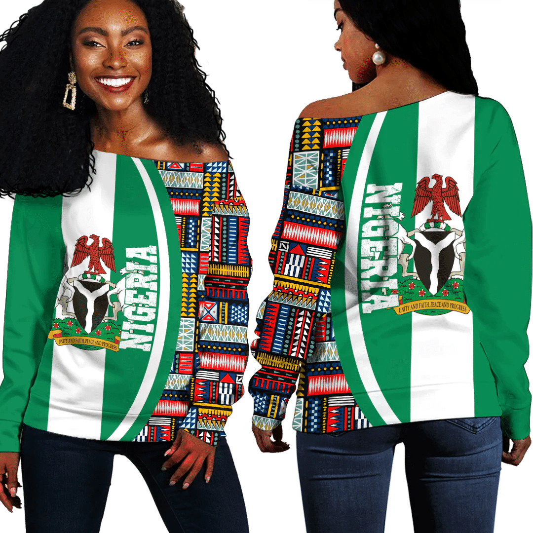 Africazone Clothing – Nigeria Flag And Kente Pattern Special Women’S Off Shoulder Sweaters A35