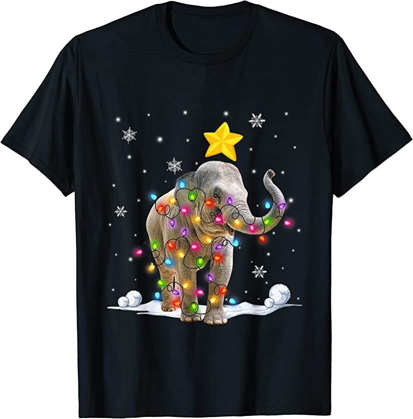 Funny Xmas Elephant Animals Lover Christmas Tree Lights T-Shirt