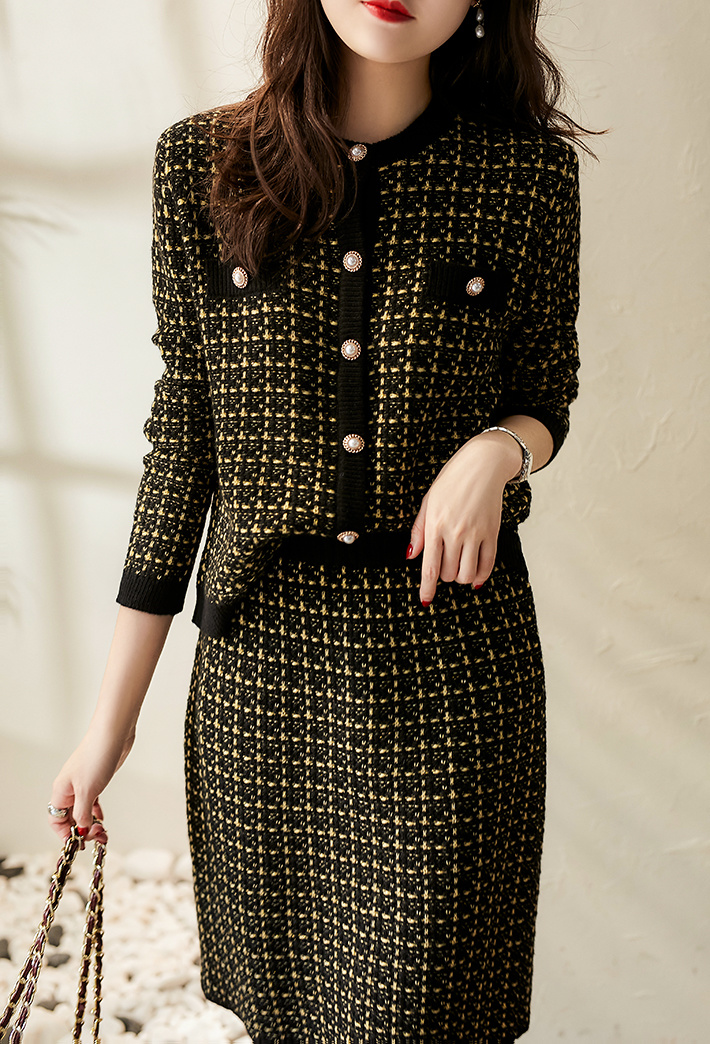 Spring And Autumn Women’s Knitted Two-piece Fashion Tweed Suit Single-breasted Cardigan Jacket Coat + High Waist Mini Skirt Suit alx