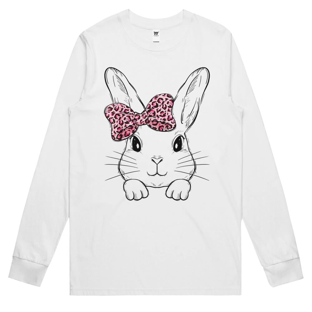 Cute Bunny Face Leopard Bow Tie Easter Day Girls Womens Long Sleeve T Shirts