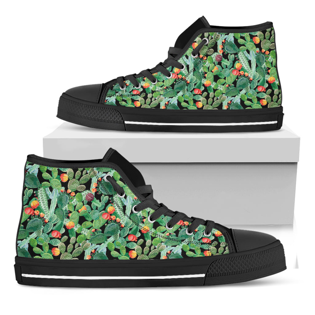 Watercolor Cactus Plant Print Black High Top Shoes