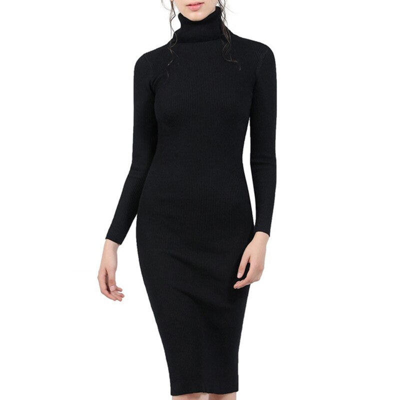 Autumn Winter Turtleneck Ribbed Knit Bodycon Dress Women Solid Long Sleeve Office Ladies Form Fitted Pencil long Dresses alx