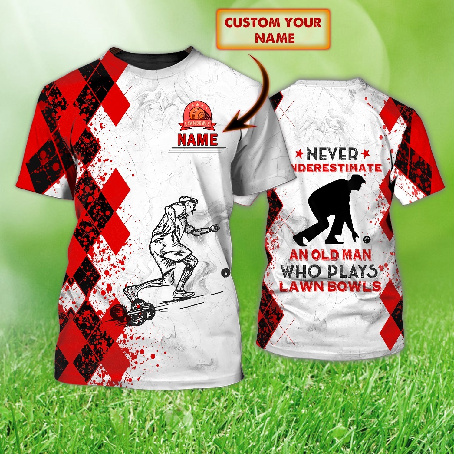 Old Man Plays Lawn Bowls 3D Red T Shirt For Men Old Men Lawn Bowl Shirt