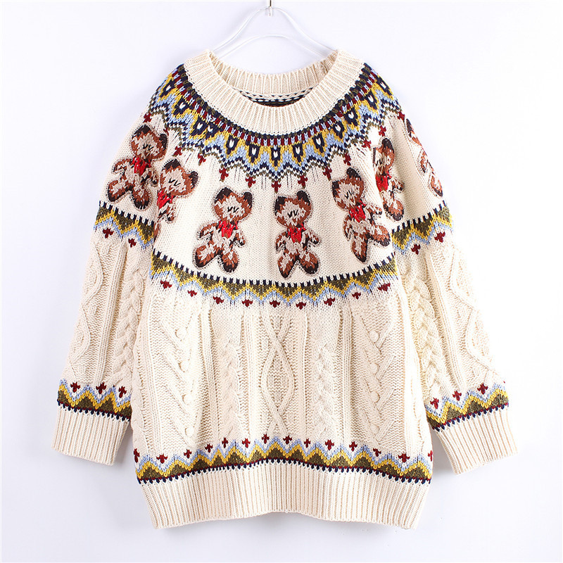 19 early autumn new style antique girls lazy cute bear faire island ferris wheel handmade pullover sweater lazy style alx