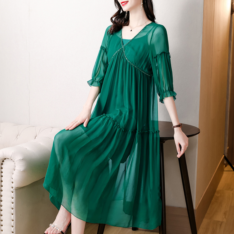 Women Summer Green Mulberry Silk Beach Midi Dress 2021 Vintage Solid 3XL Plus Size Chiffon Dress Elegant Bodycon Party Vestidos alx