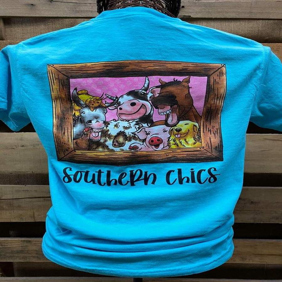 Southern Chics Farm Family Animals Pig Horse Cow Comfort Colors Bright T Shirt