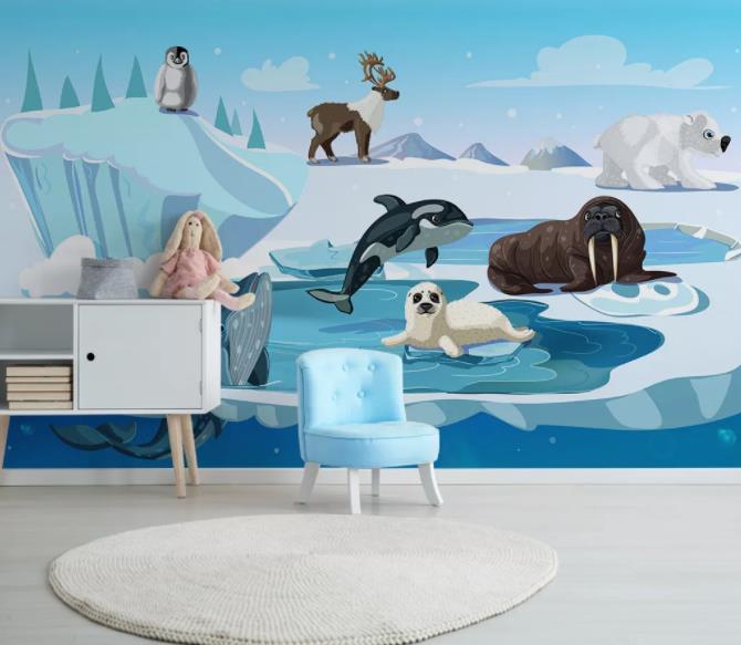 3D Cartoon Snow Animals Wall Mural Wallpaper 79