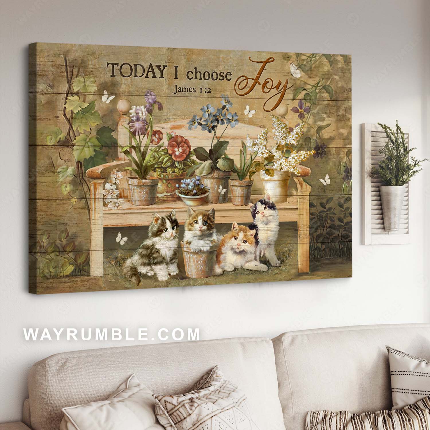 Cat Painting, Cute Kitten, Flower Garden, Bible Verse, Today I Choose Joy – Jesus Landscape Canvas Prints, Home Decor Wall Art