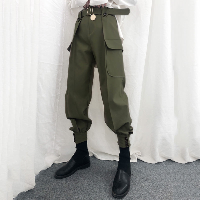 With Belt Button Pockets Slim Cargo Pants Women High Waist Vintage Harajuku Streetwear Harem Pants Gothic Qualities Pants Female alx