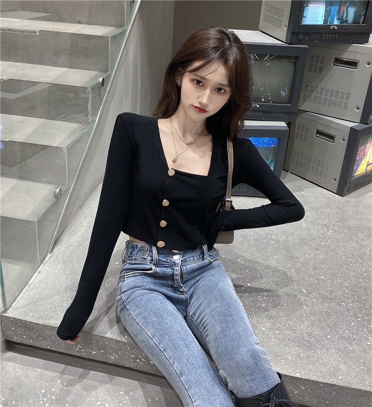 Women Short Knitted Sweaters Retro Square Neck Female Bottoming Top 2020 Winter Thin Pullover Women Fashion Tops Single-breasted alx