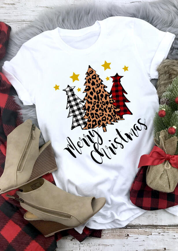 Plaid Leopard Tree Merry And Bright T-Shirt Tee