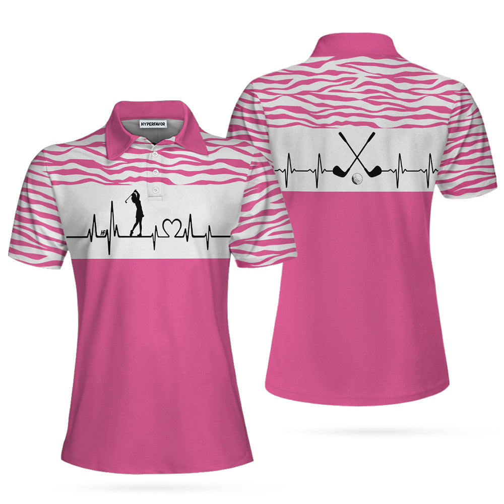 Pink Zebra Pattern Golf Girl Heartbeat Golf Short Sleeve Women Polo Shirt, Best Pink Golf Shirt For Ladies Coolspod