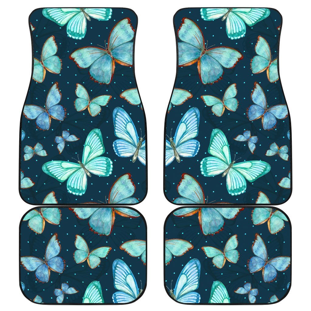 Watercolor Blue Butterfly Pattern Print Front And Back Car Floor Mats, Front Car Mat