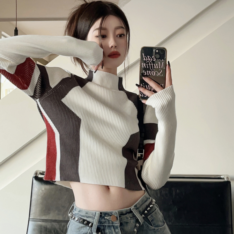 2022 Winter for Women Korean Style Half High Collared Retro Warm Soft Cashmere Sweater Patchwork Pullover Tops alx