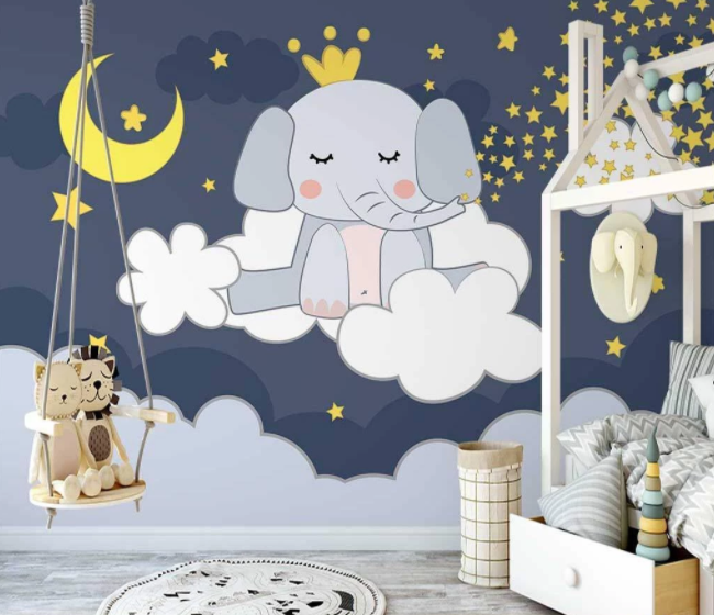 3D Cartoon Night Moon Star Cloud Elephant Wall Mural Wallpaper Lxl