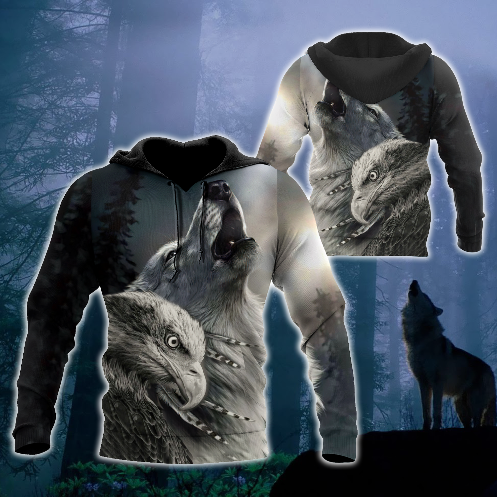 Eagle And Wolf Native American Hoodie 3D All Over Printed Shirts Adult 3D All Over Print, 3D Hoodie For Men & Women