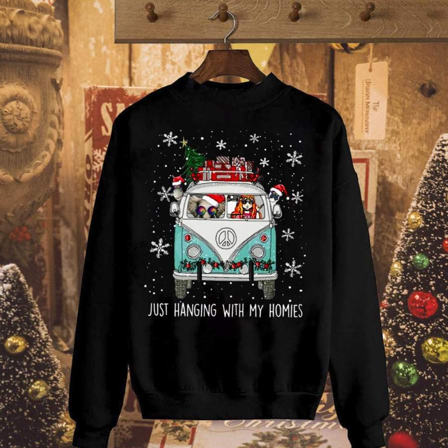 Hippie girls and elephant santa just hanging with my homie christmas tree gift snow winter black sweatshirt for men and women S-5XL