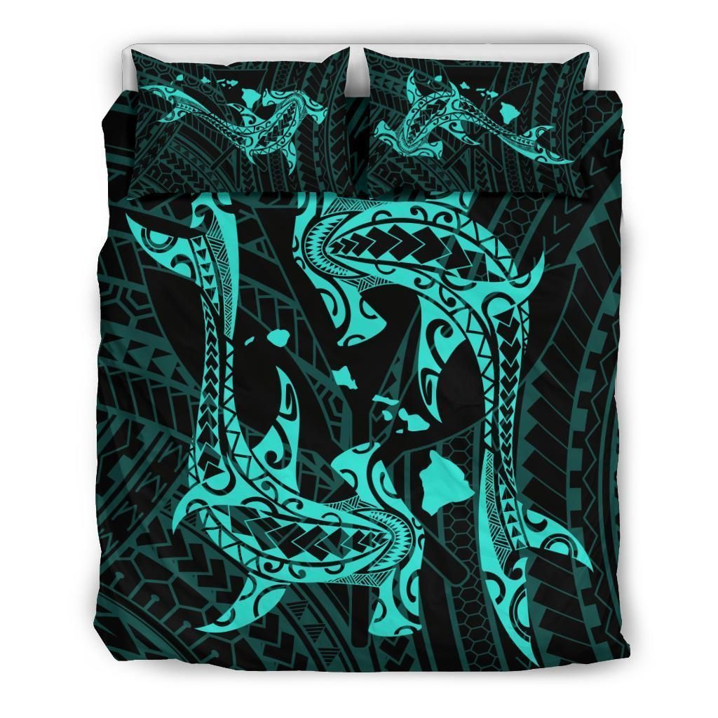 Alohawaii Bedding Set – Cover And Pillow Cases Hawaiian Map Hamerhead Shark Yin Yang Polynesian – Tourquoise – Ah J9