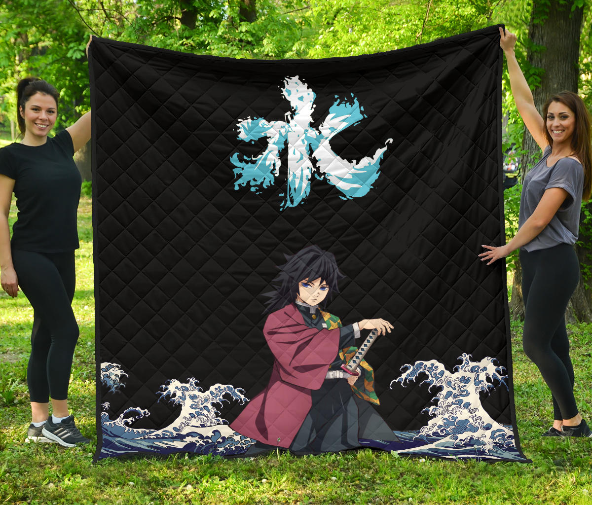 Demon Slayer Anime Premium Quilt – Giyuu Standing In Water Blue Wave Quilt Blanket