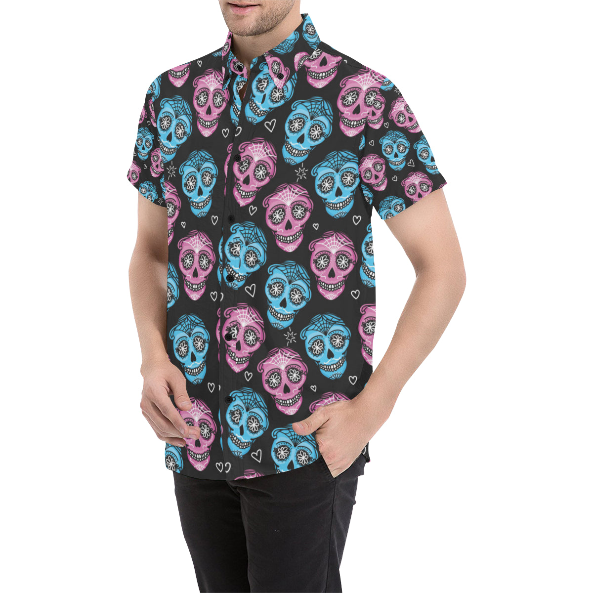 Day Of The Dead Skull Print Pattern Men Button Up Shirt – Skull Art Prints