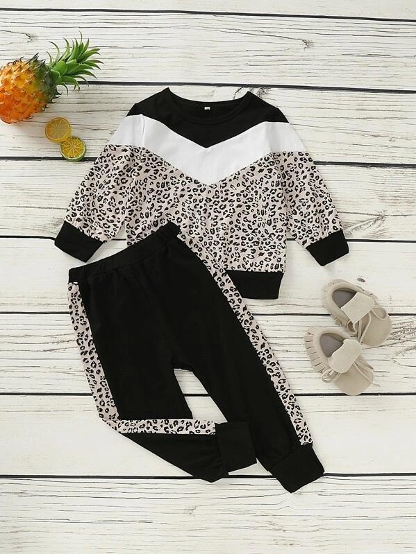 Toddler Girls Contrast Leopard Color-Block Sweatshirt & Joggers