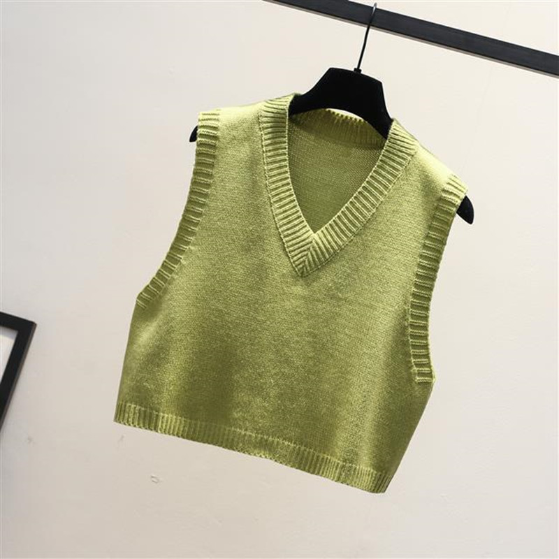 Autumn Korean Women Short Knitted Sweater Sleeveless Women Solid Color Casual Vest Ladies V-Neck Pullover Tank Tops Waistcoat alx