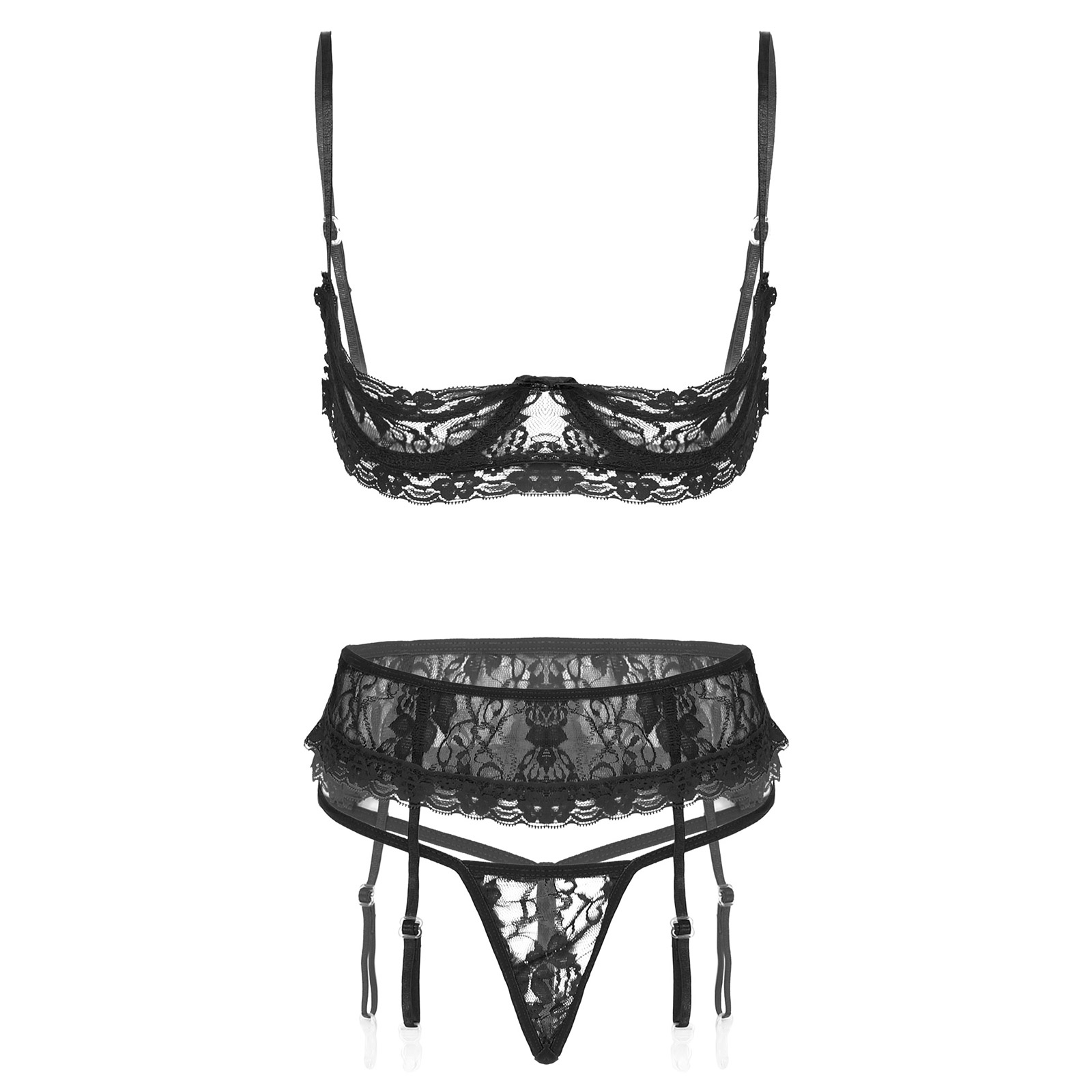 Womens See-Through Lace Exotic Lingerie Sets Ladies Open Cup Underwired Nipples Bra with G-String Briefs Underwear Garter Belt alx