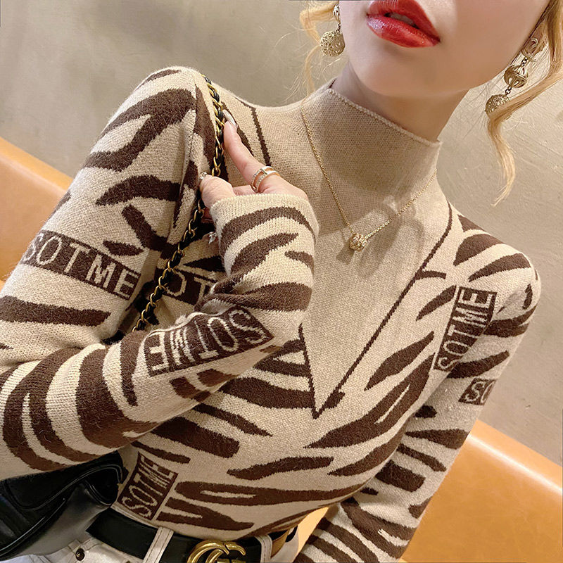 Autumn Office Lady Patchwork Knitting Turtleneck Long Sleeve Pullovers Women Clothes Fashion Letter Slim Top Tee Ladies Sweater alx