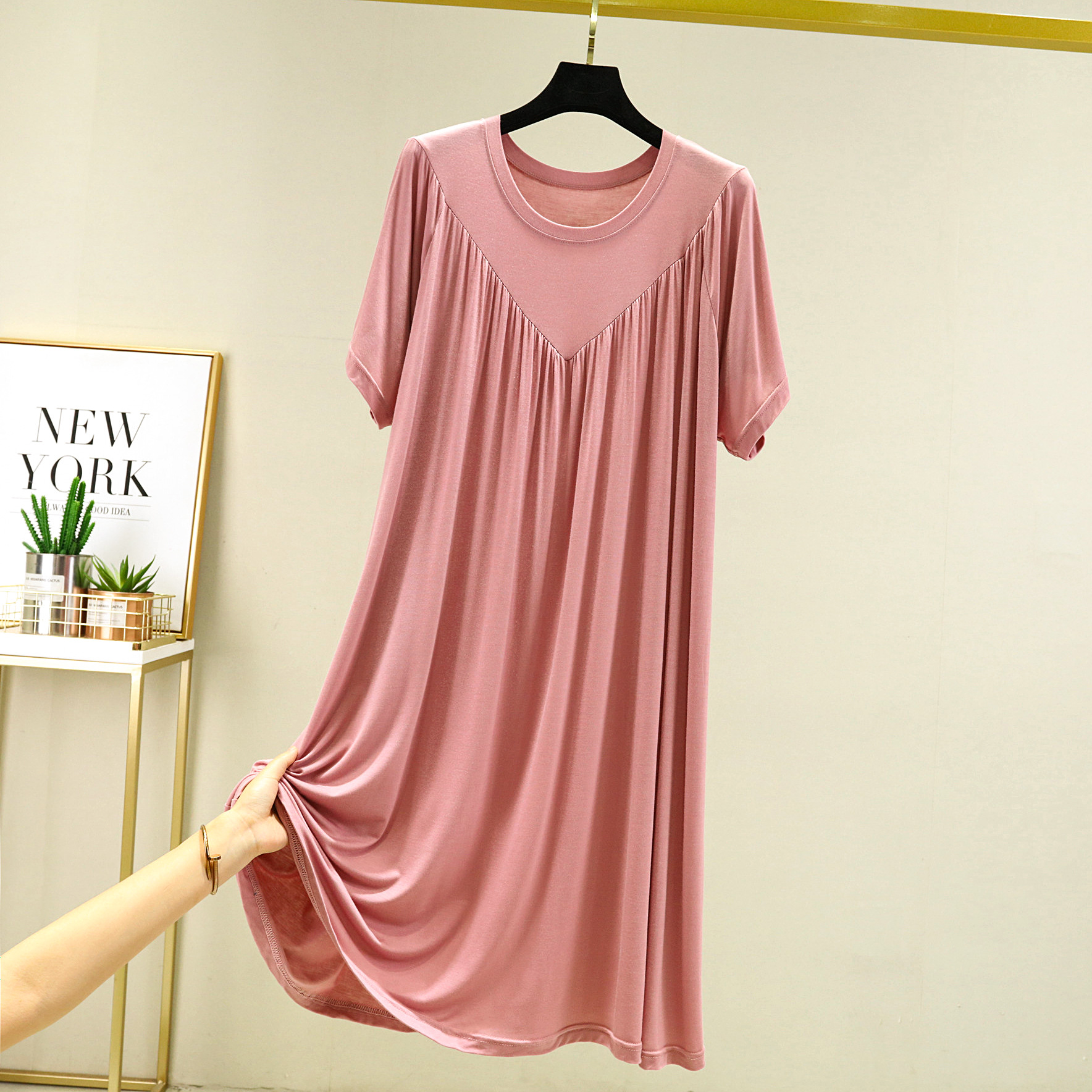 Super Soft Comfortable Short Sleeve Loose Pajama Dress Female Korean Loose V-Shaped Long Nightdress Modal Bottoming Night Shirt alx