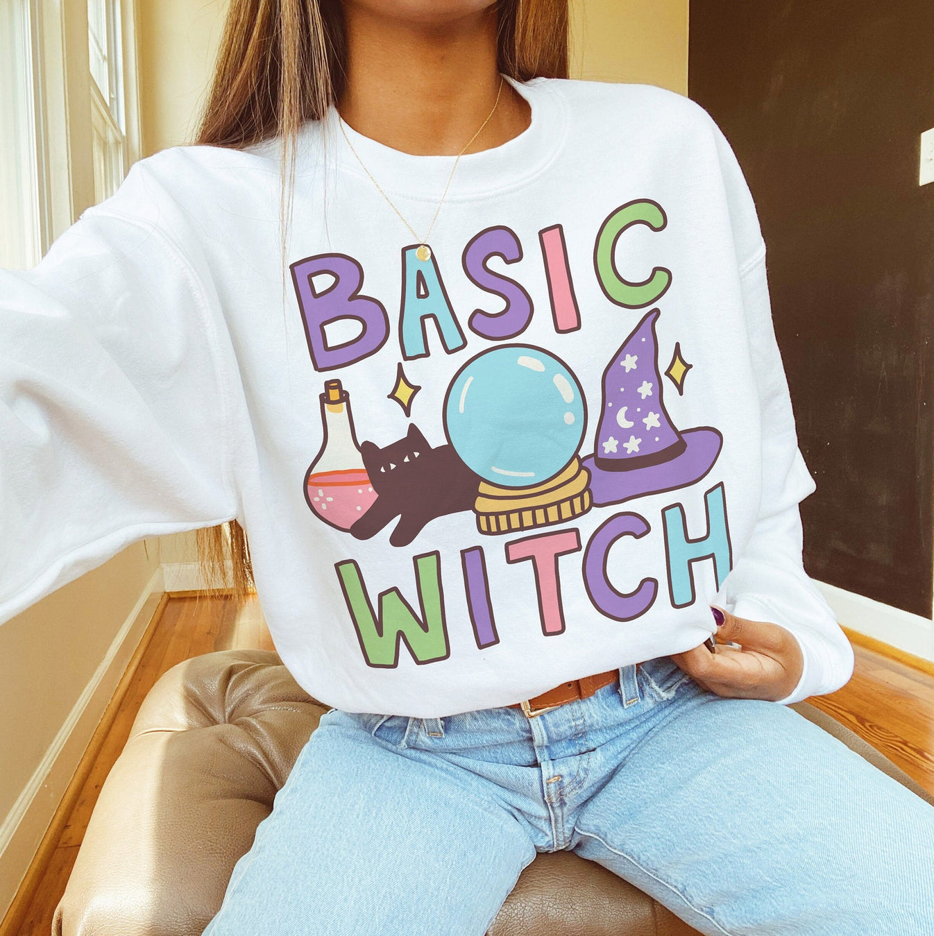 ‘Basic Witch’ Halloween 2D Crewneck Sweatshirt All Over Print Sweatshirt For Women Sweatshirt For Men