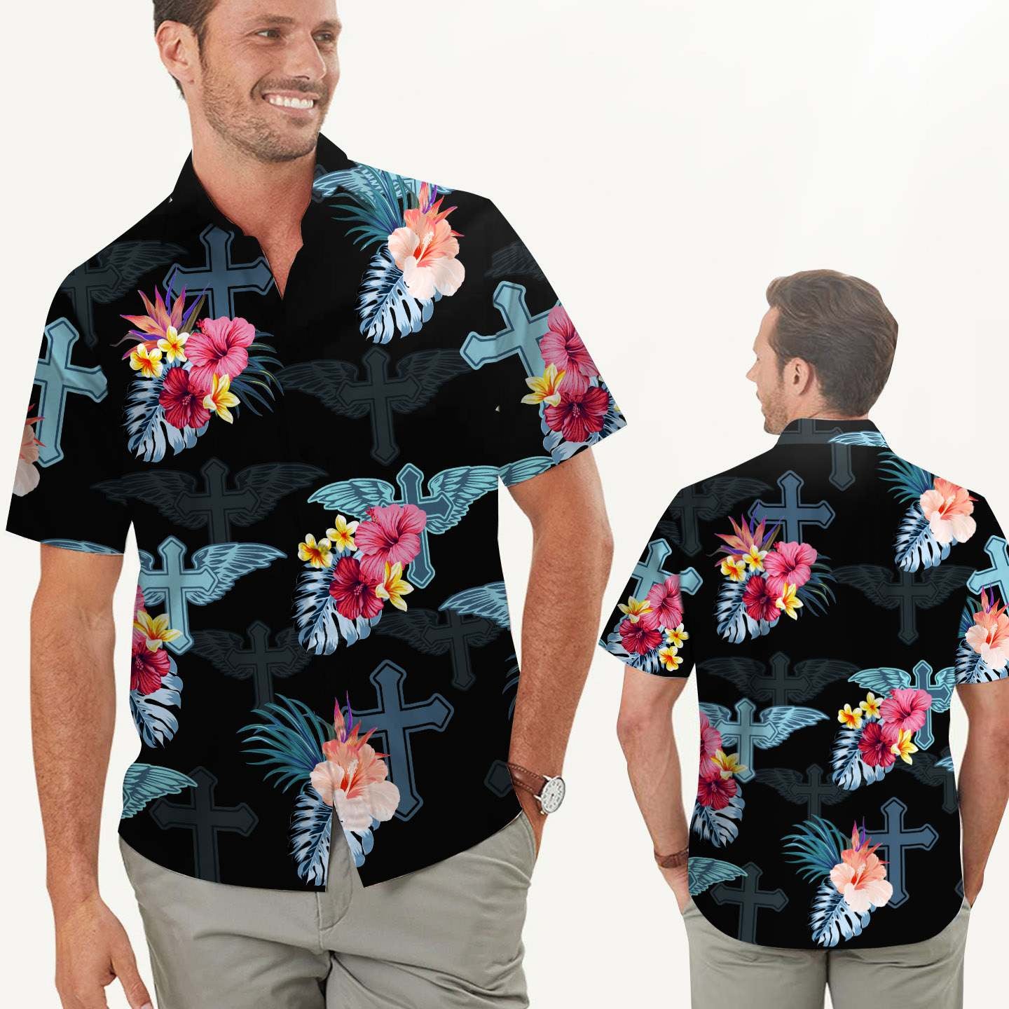 Jesus Cross Shadow Tropical Floral Men Hawaii Summer Beach Shirts Ha103962