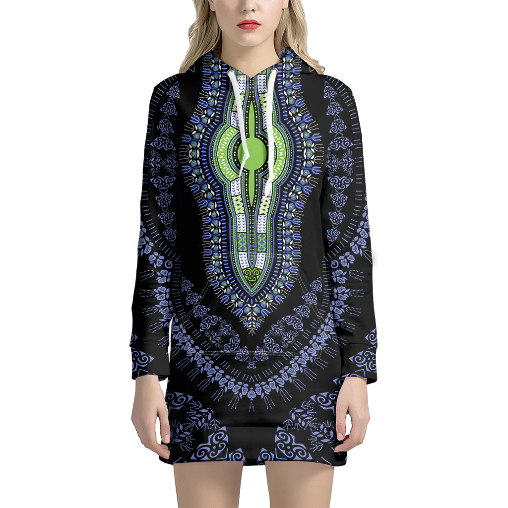 Blue And Black African Dashiki Print Women’S Pullover Hoodie Dress