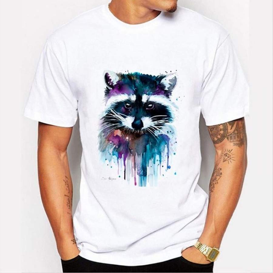 New Arrivals 2018 Fashion Painting Raccoon Printed T Shirt Summer Men Hipster Cool Animal Short Sleeve Tops Tee Homme