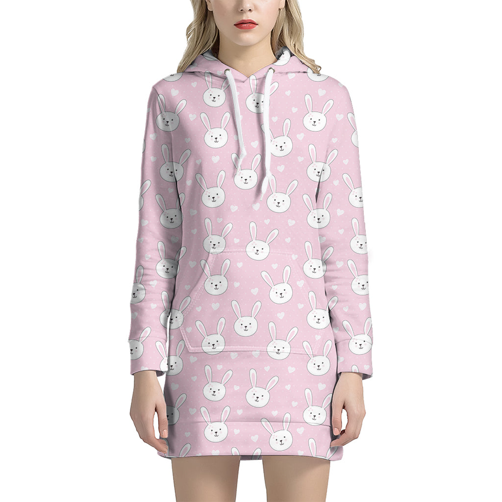 Pink Rabbit Pattern Print Women’S Pullover Hoodie Dress